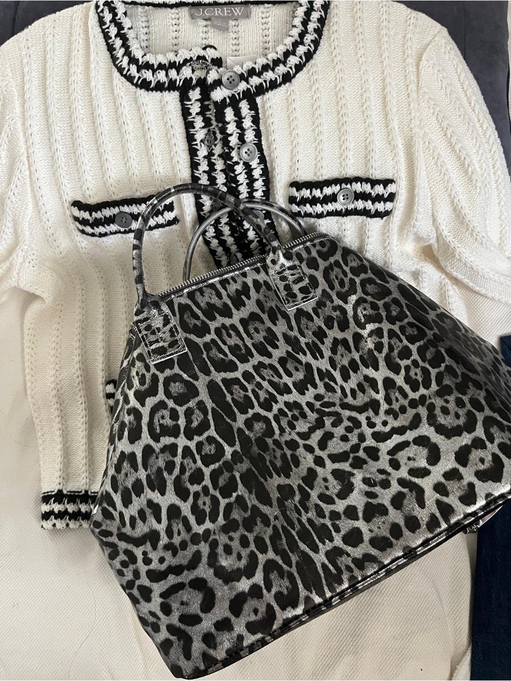 Metallic Leopard Print suede Bag in Black and gray